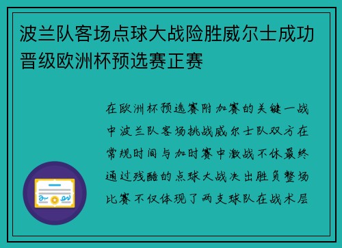 波兰队客场点球大战险胜威尔士成功晋级欧洲杯预选赛正赛 波兰队客场点球大战险胜威尔士成功晋级欧洲杯预选赛正赛