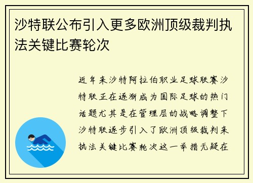 沙特联公布引入更多欧洲顶级裁判执法关键比赛轮次 沙特联公布引入更多欧洲顶级裁判执法关键比赛轮次