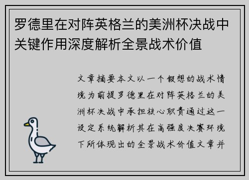 罗德里在对阵英格兰的美洲杯决战中关键作用深度解析全景战术价值 罗德里在对阵英格兰的美洲杯决战中关键作用深度解析全景战术价值