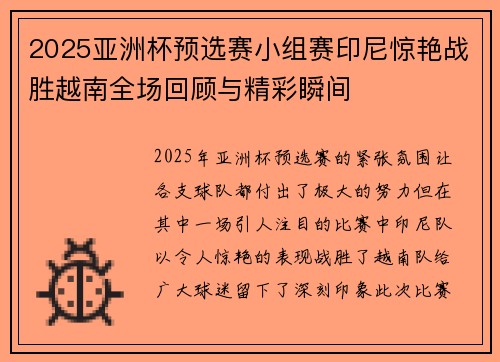 2025亚洲杯预选赛小组赛印尼惊艳战胜越南全场回顾与精彩瞬间 2025亚洲杯预选赛小组赛印尼惊艳战胜越南全场回顾与精彩瞬间
