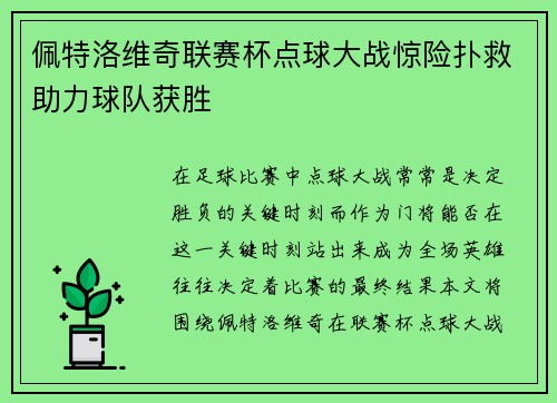 佩特洛维奇联赛杯点球大战惊险扑救助力球队获胜